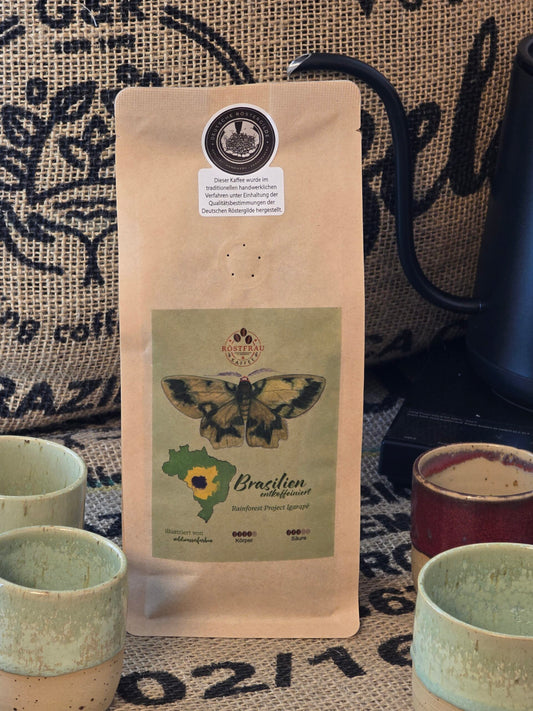 250g, Kraftpapiertüte, Arabica Kaffee aus Brasilien, entkoffiniert, Schutz des Regenwaldes